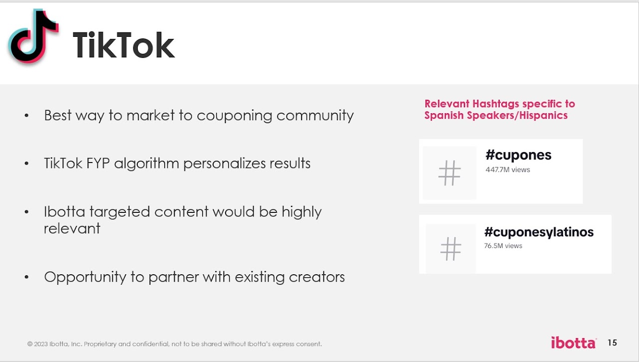 TikTok opportunity slide showing Spanish-language coupon hashtags